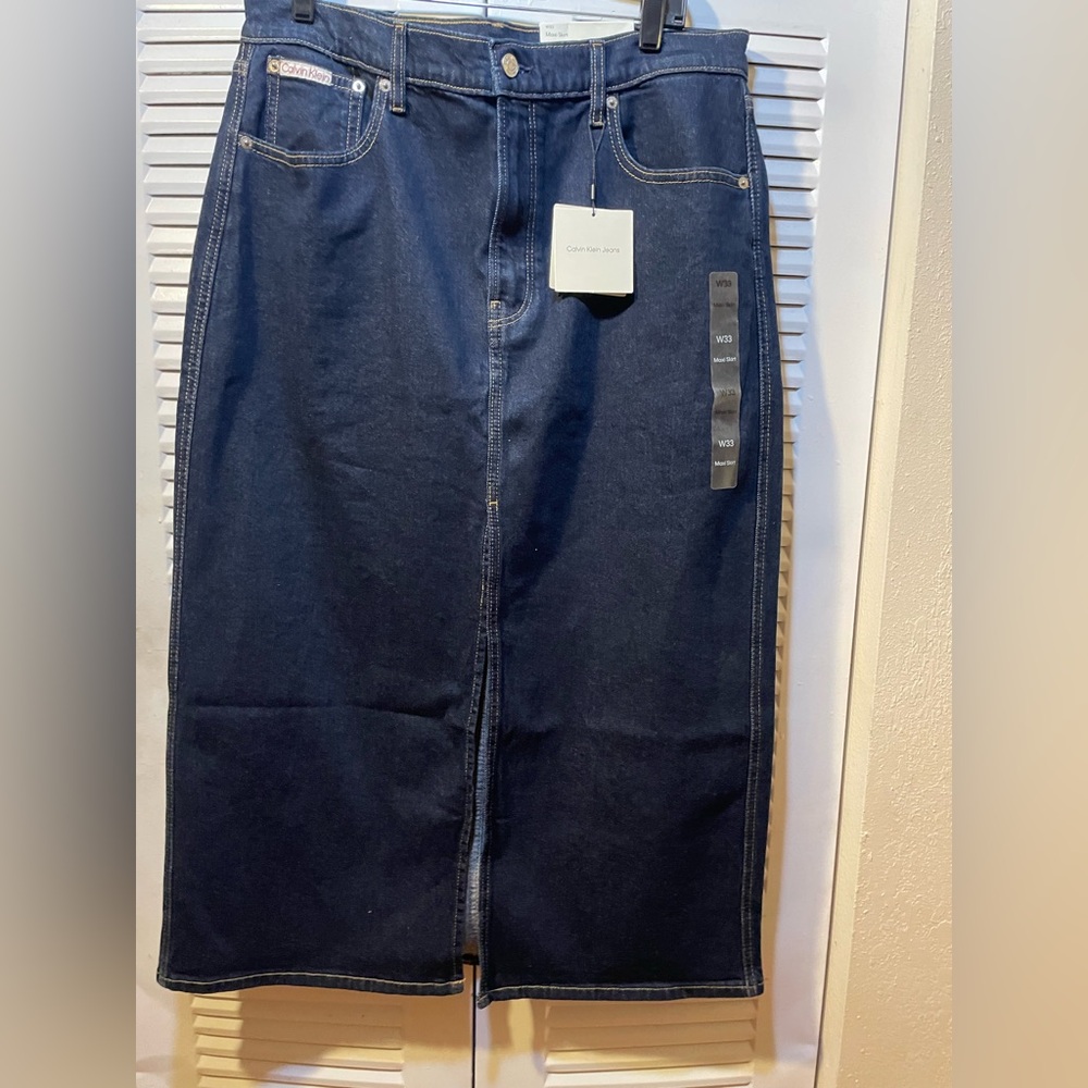 Calvin Klein Indigo Denim Skirt Slit Front Studs